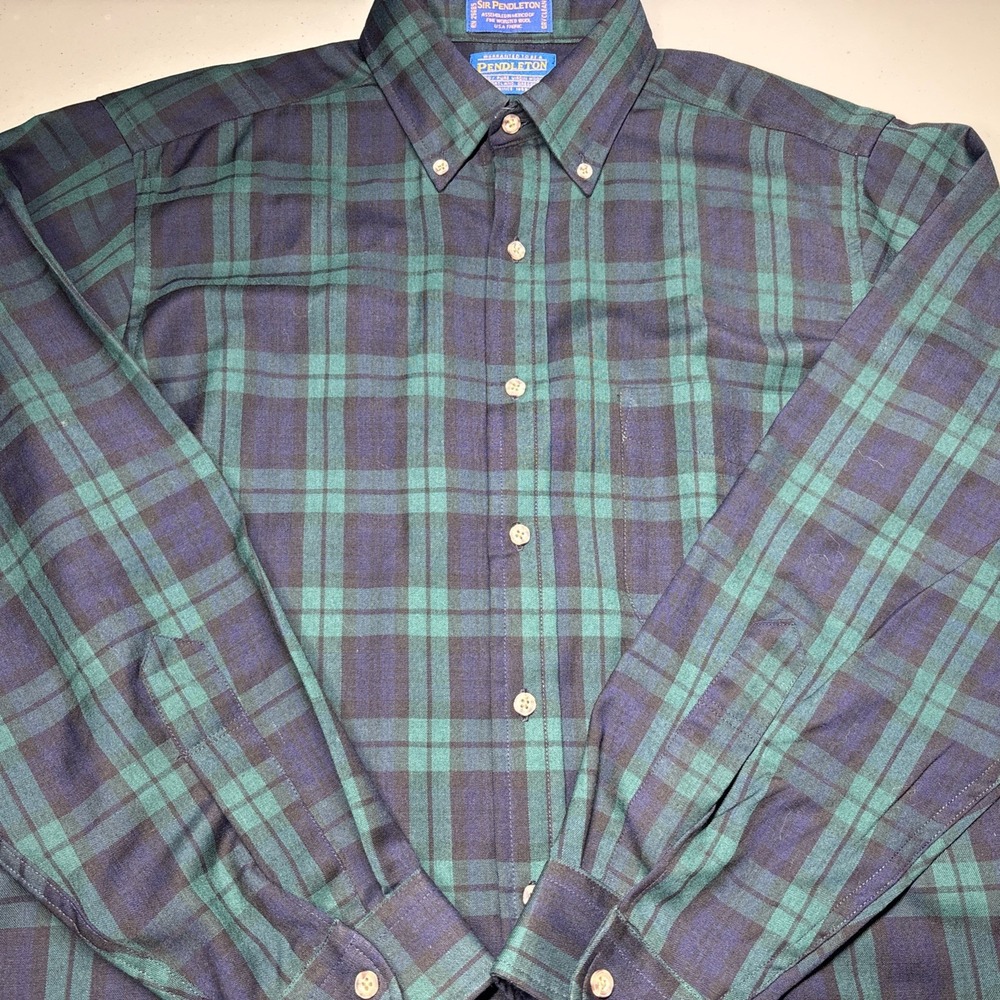 Sir Pendleton Wool Shirt Mens M Black Watch Tartan Plaid Button Down Vintage
